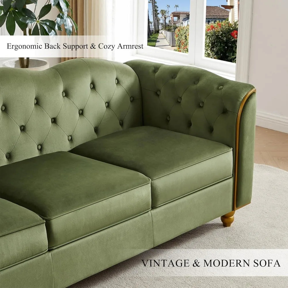 78" Green Velvet Tufted Sofa Couch, 3-Seater Comfy Curved Back for Living Room