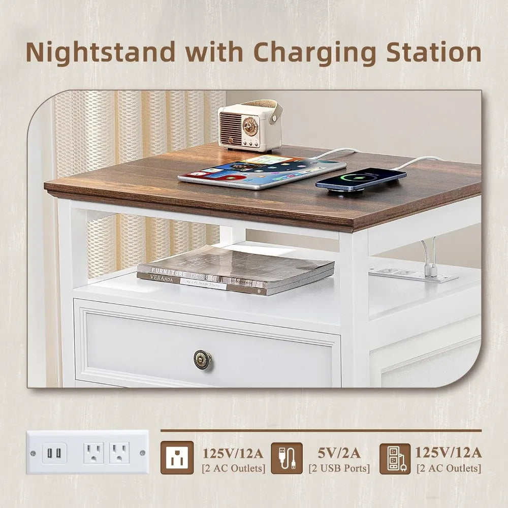 Farmhouse Nightstand with Charging Station 2 Drawers White End Table