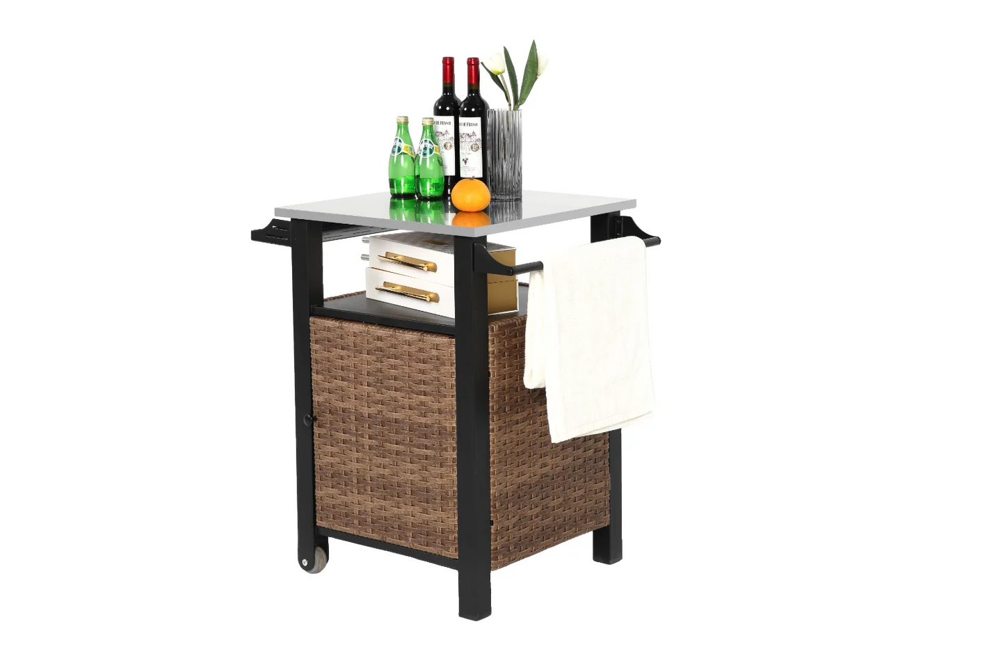 Single Door Bar Cart Outdoor Kitchen Wicker Rolling Cart Storage Cabinet