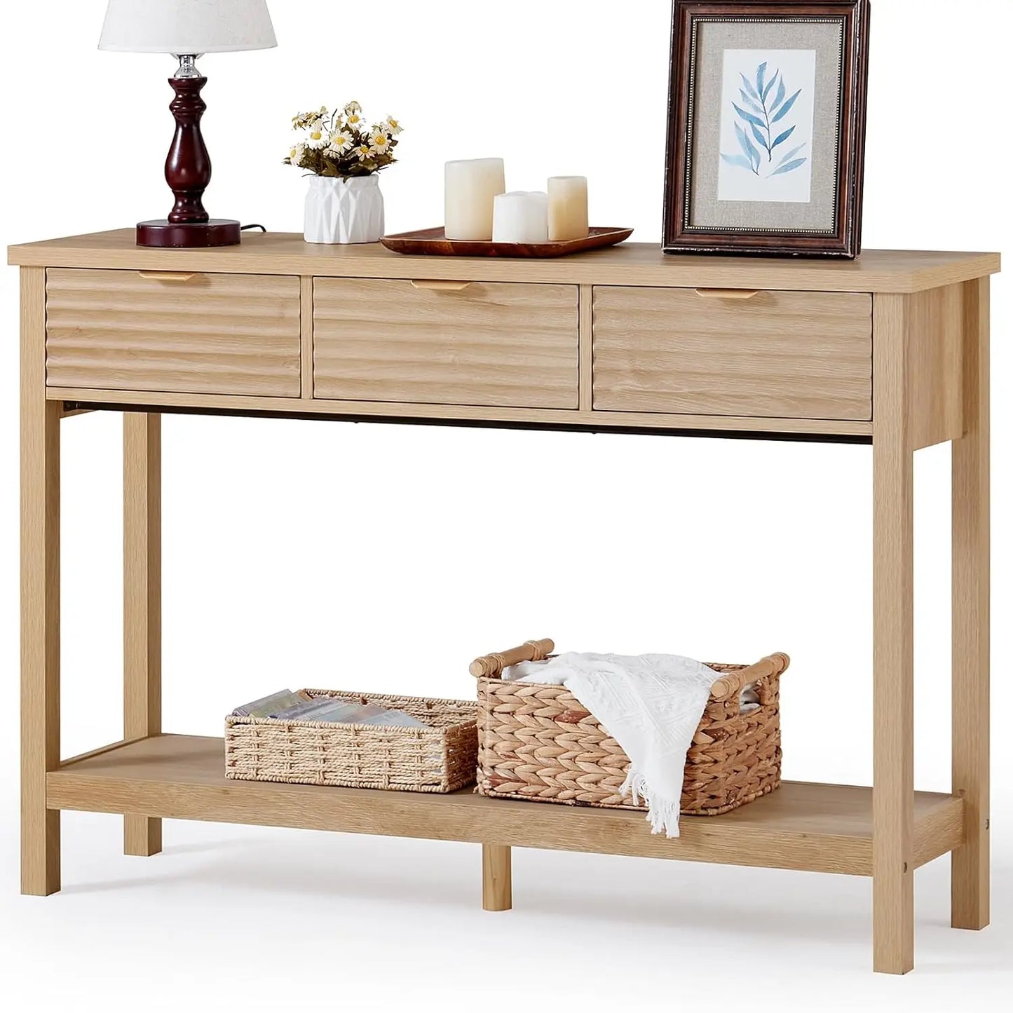 Modern Fluted Console Table 3 Drawers Wood Entryway Storage Shelf