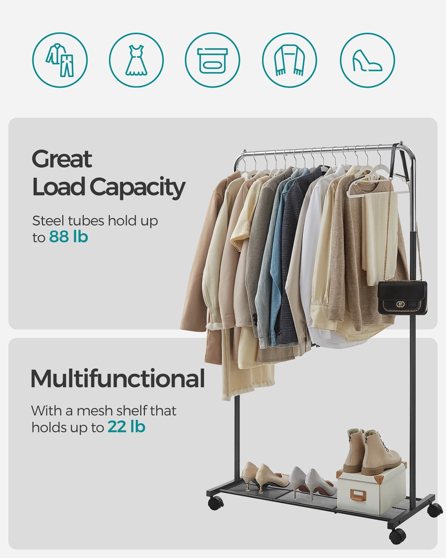 Ljustra Modern Metal Clothes Rack with Wheels and Storage Shelf