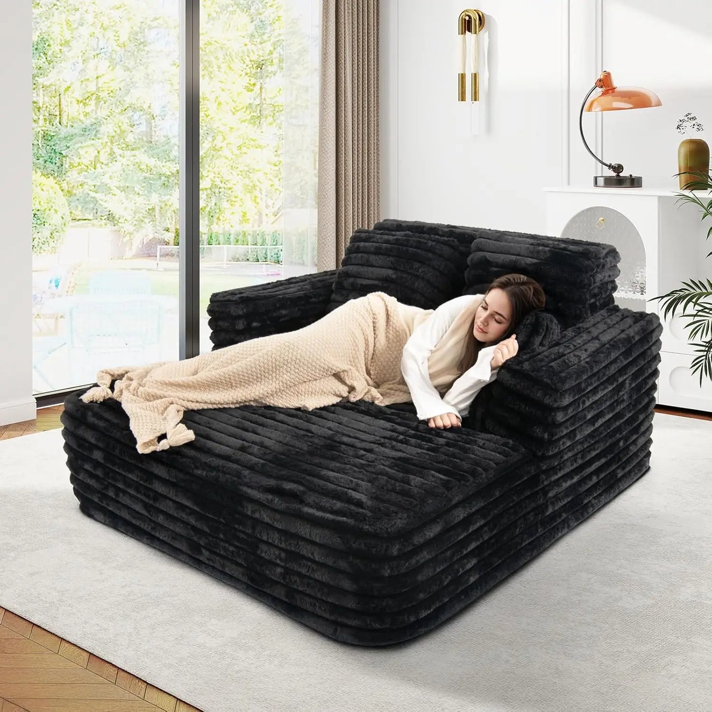 Ljustra Faux Fur Sleeper Chaise Sofa Oversized 60" Deep Cloud Couch Bed Black
