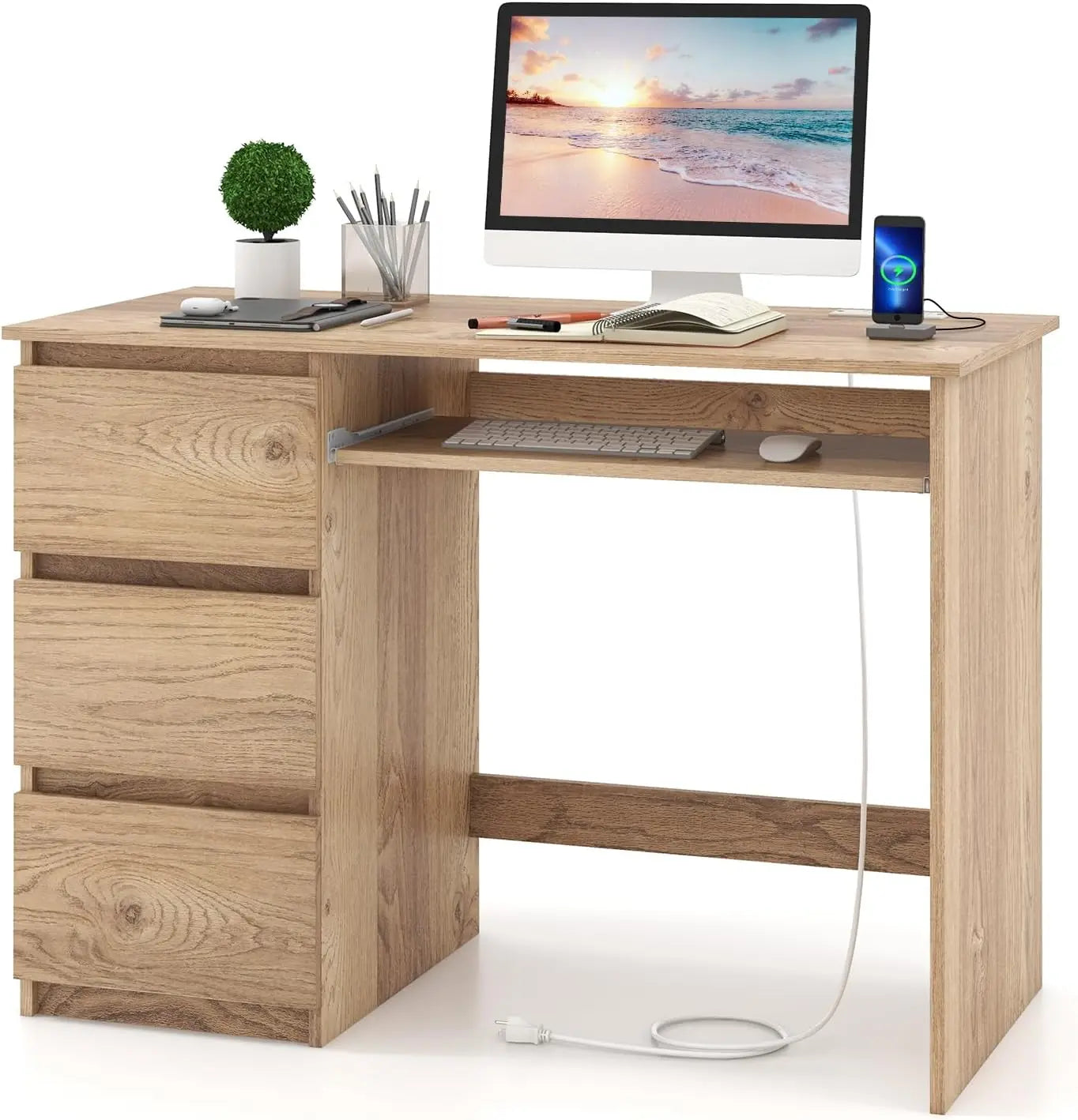 Ljustra Computer Desk with Charging Station 3 Storage Drawers Keyboard Tray
