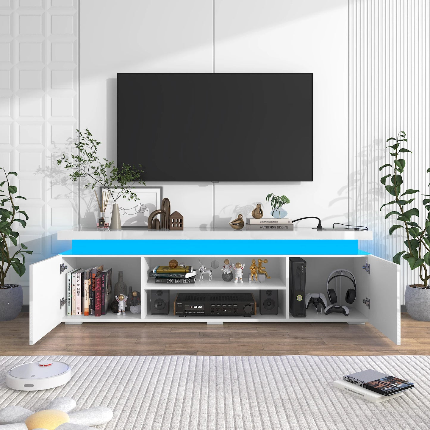 66 Inch LED TV Stand Modern Gaming Cabinet with Power Outlet Storage