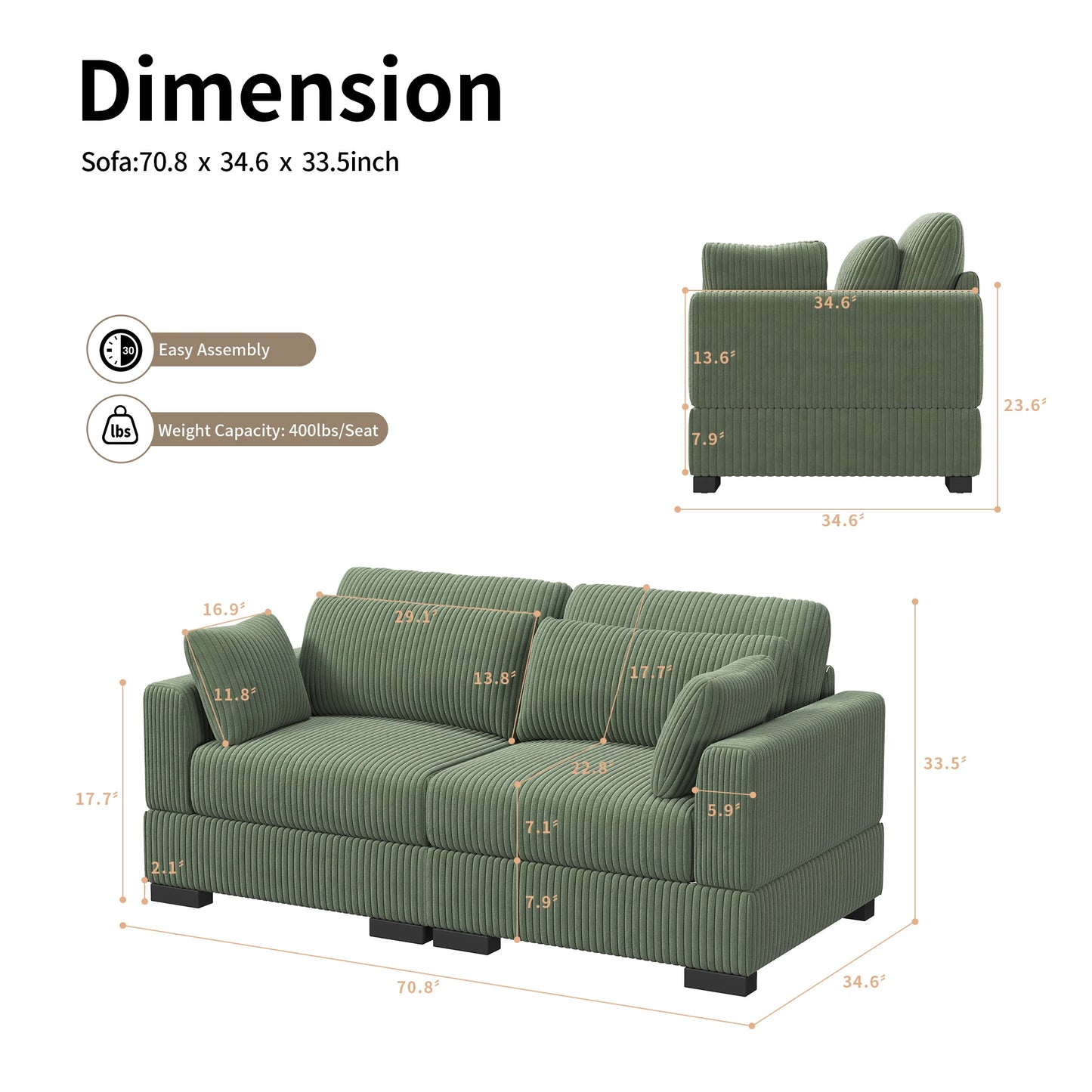 Corduroy Modular Sectional Sofa Modern Cloud Couch Living Room Furniture