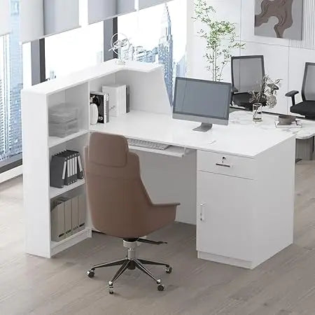 L-Shaped Reception Desk with Lockable Storage Modern Scandinavian MDF