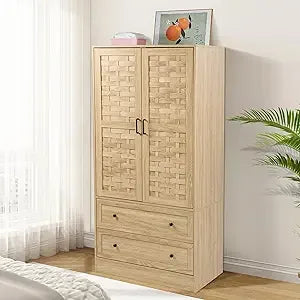 Stylish Freestanding Armoire Wardrobe with Drawers and Hanging Rail