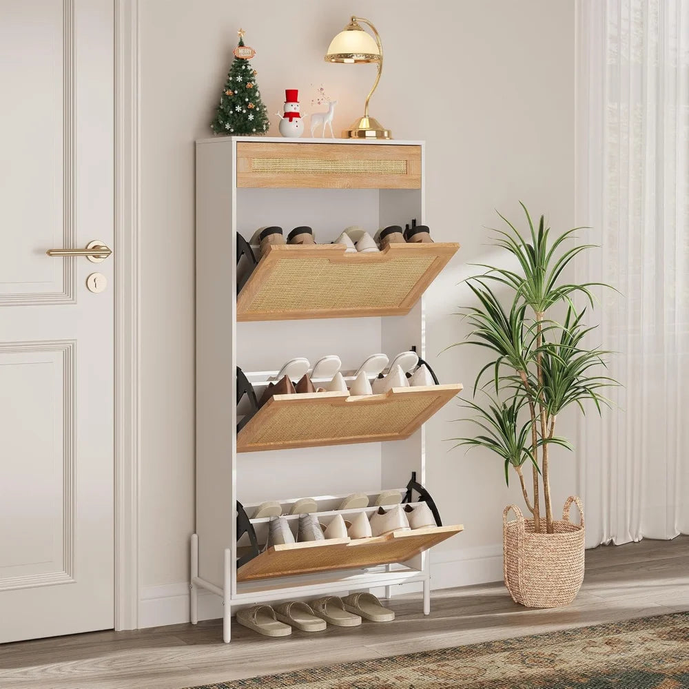 Shoe Cabinet Storage Organizer Rattan Entryway Freestanding Flip Drawers