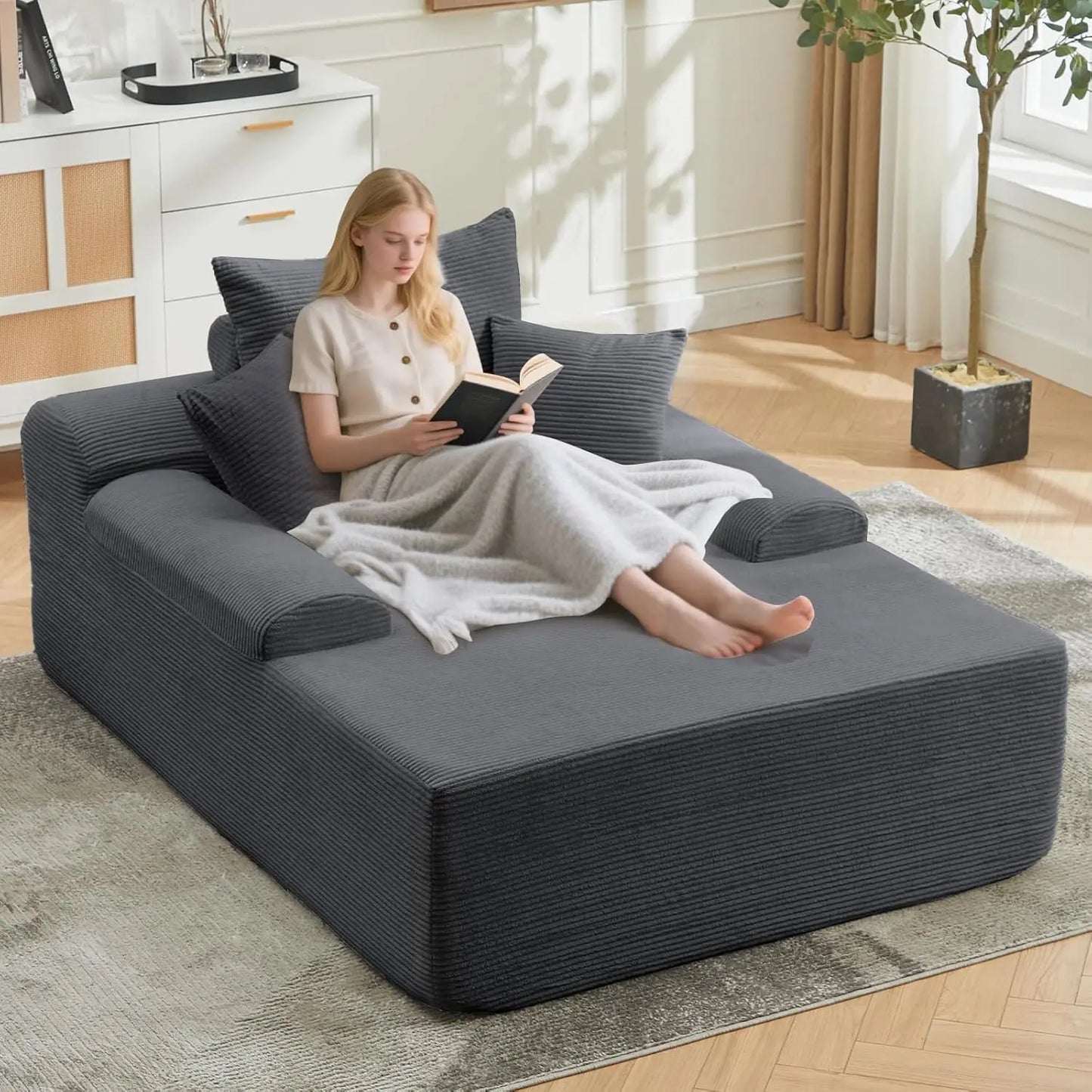 Ljustra Chaise Lounge Chair Indoor Corduroy Sofa Bed with 3 Pillows