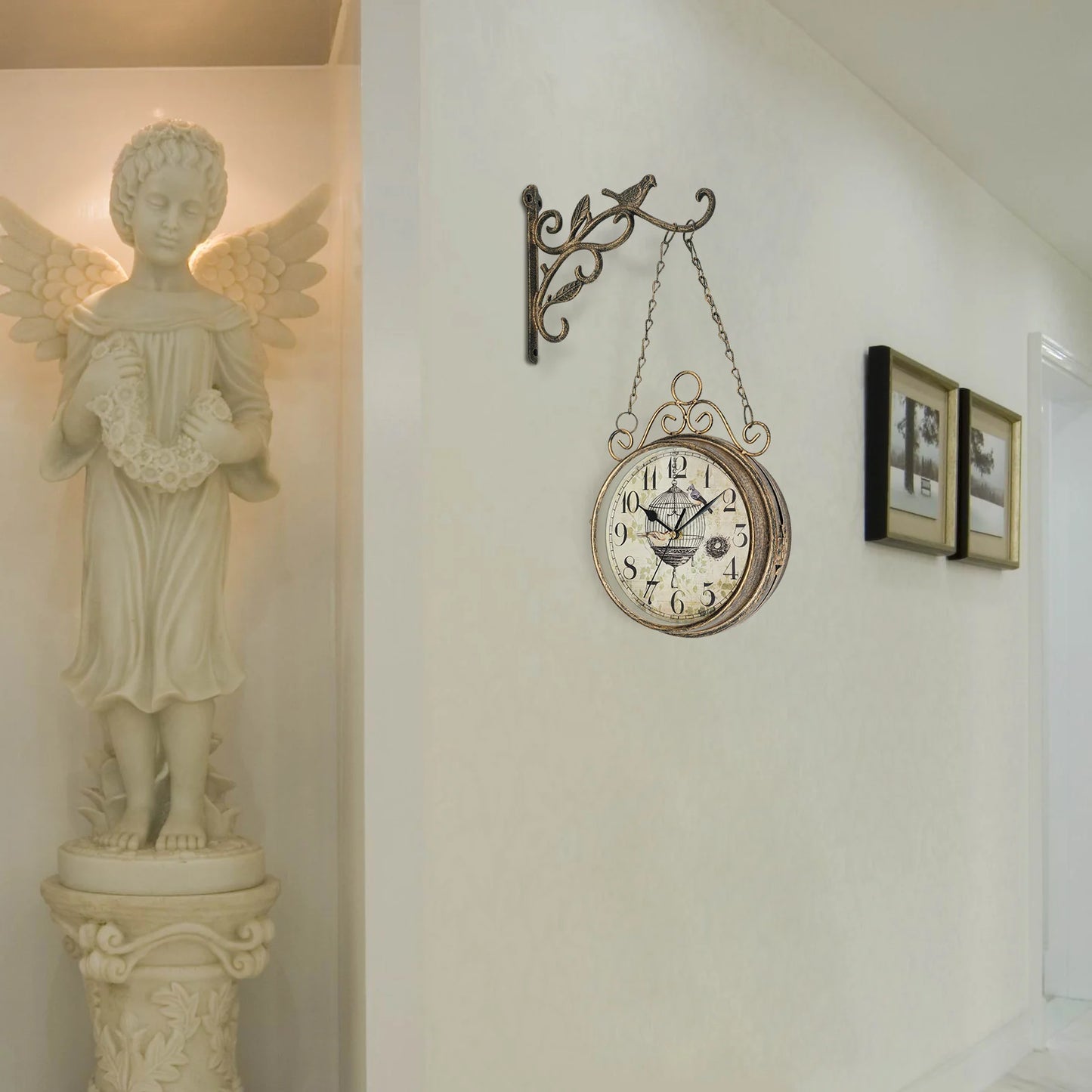 Double Sided Iron Wall Clock Vintage Round Design for Living Room Decor