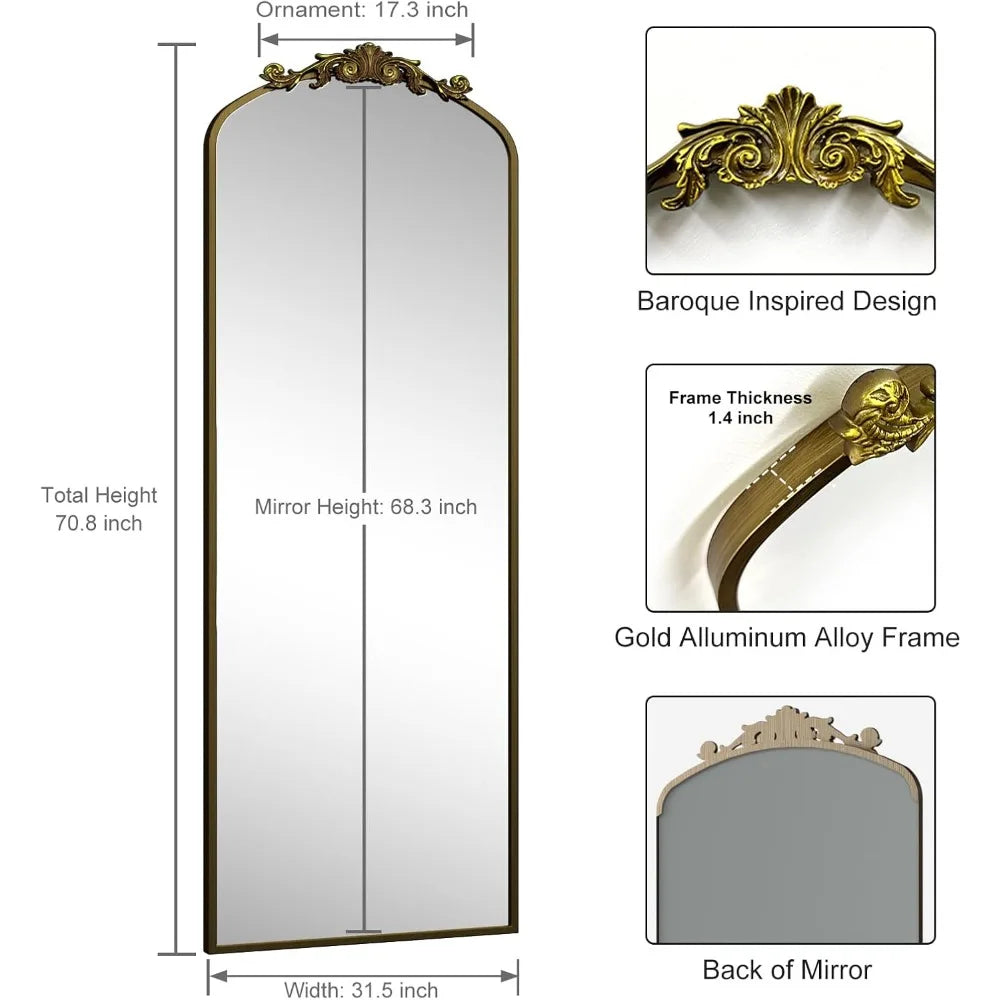Vintage Gold Arched Floor Mirror Baroque Style Wall-Mountable Shatter-Resistant