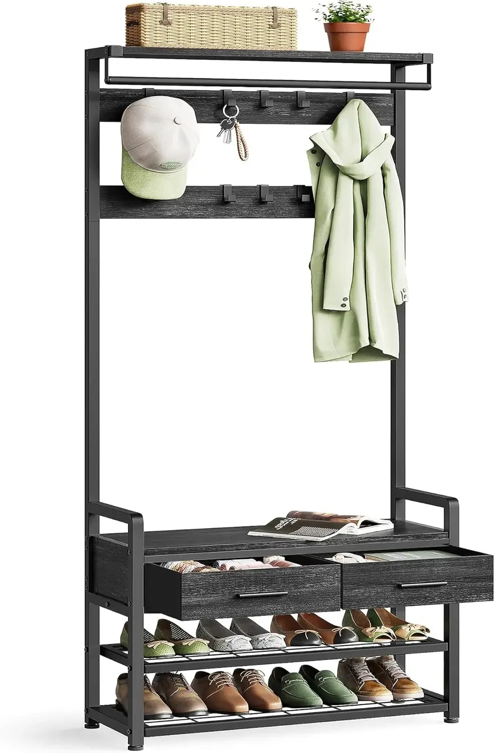 Entryway Coat Rack Shoe Bench with Fabric Drawers and Hooks