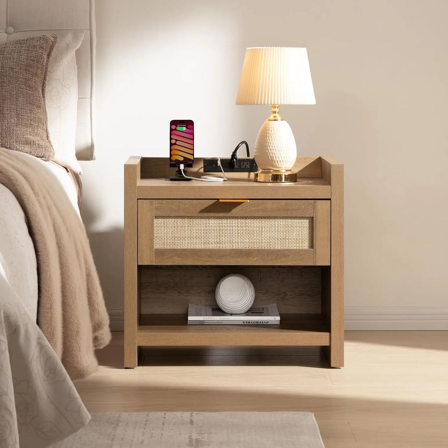 Rattan Nightstand with Type-C Charging Station 2 Drawers Storage