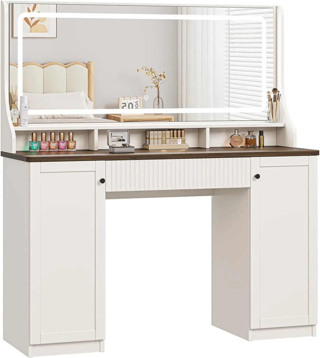 46.5 Inch Makeup Vanity Desk with Mirror LED Light and Storage Cabinets