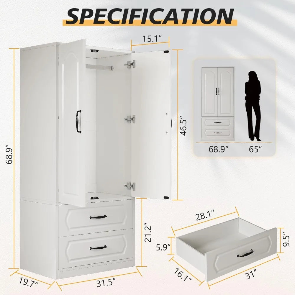 Large Wooden Wardrobe Closet with Drawers and Hanging Rod 70 Inch