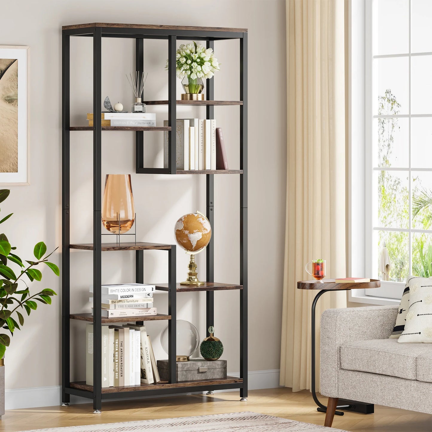 Ljustra Modern 8-Tier Staggered Bookcase Wide Wood Etagere Shelving Unit