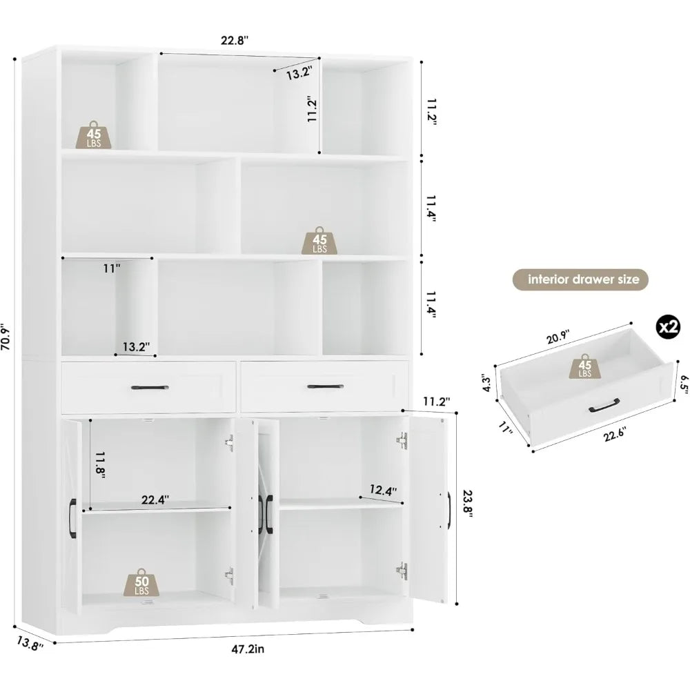 71 Inch Tall Bookcase with Drawers and Doors 6 Tier Storage Cabinet