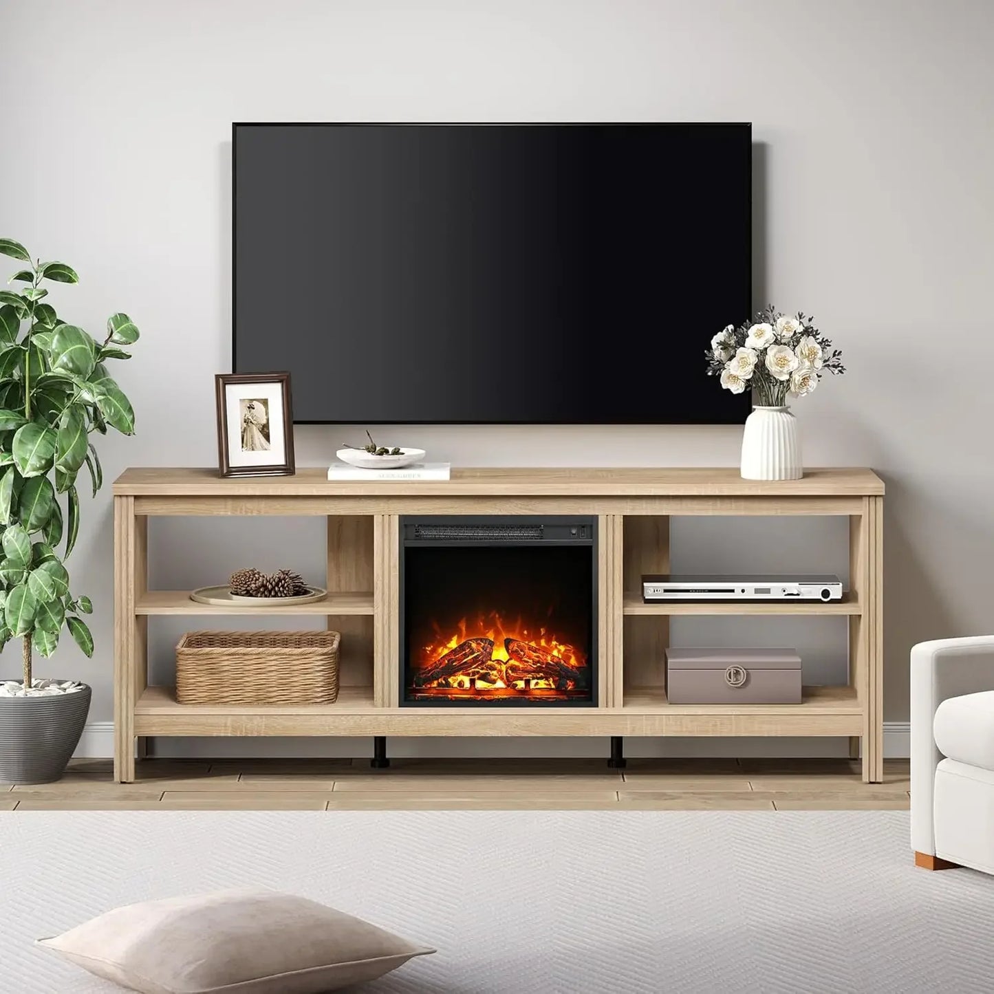 Electric Fireplace TV Stand for 75 Inch TV Modern Oak Console