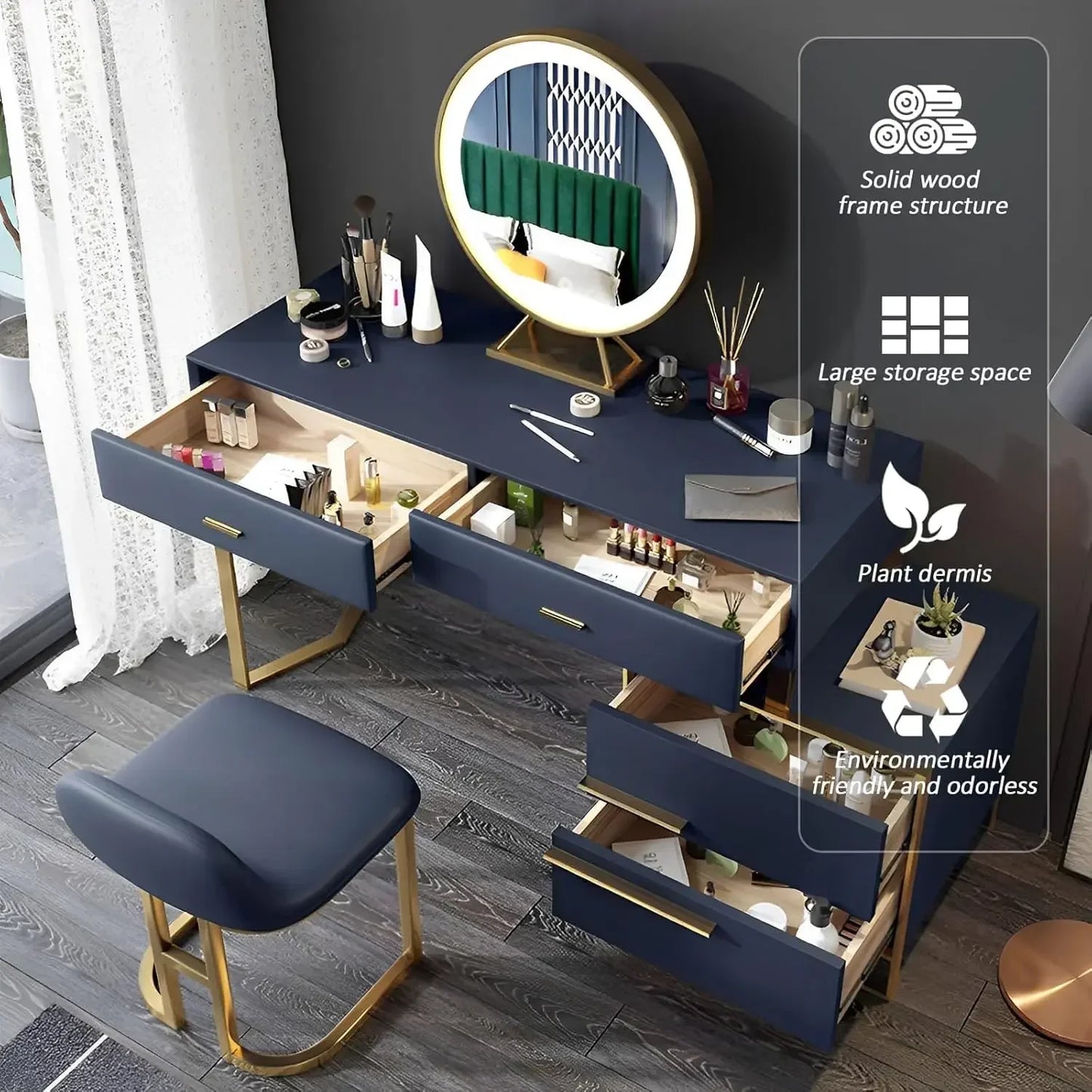 Makeup Vanity Set with Mirror Lights Dresser Table 4 Drawers Stool