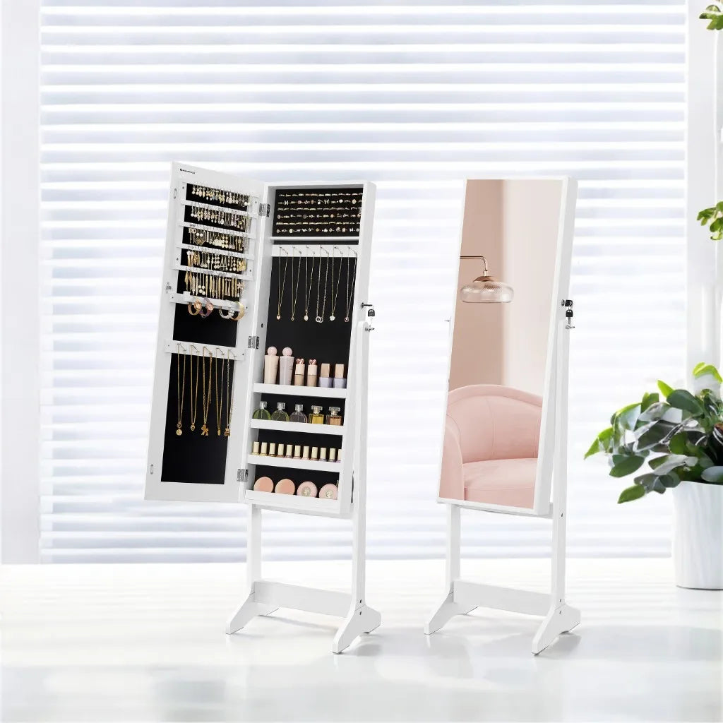 Lockable Jewelry Cabinet Full-Length Mirror 360° Rotatable Storage