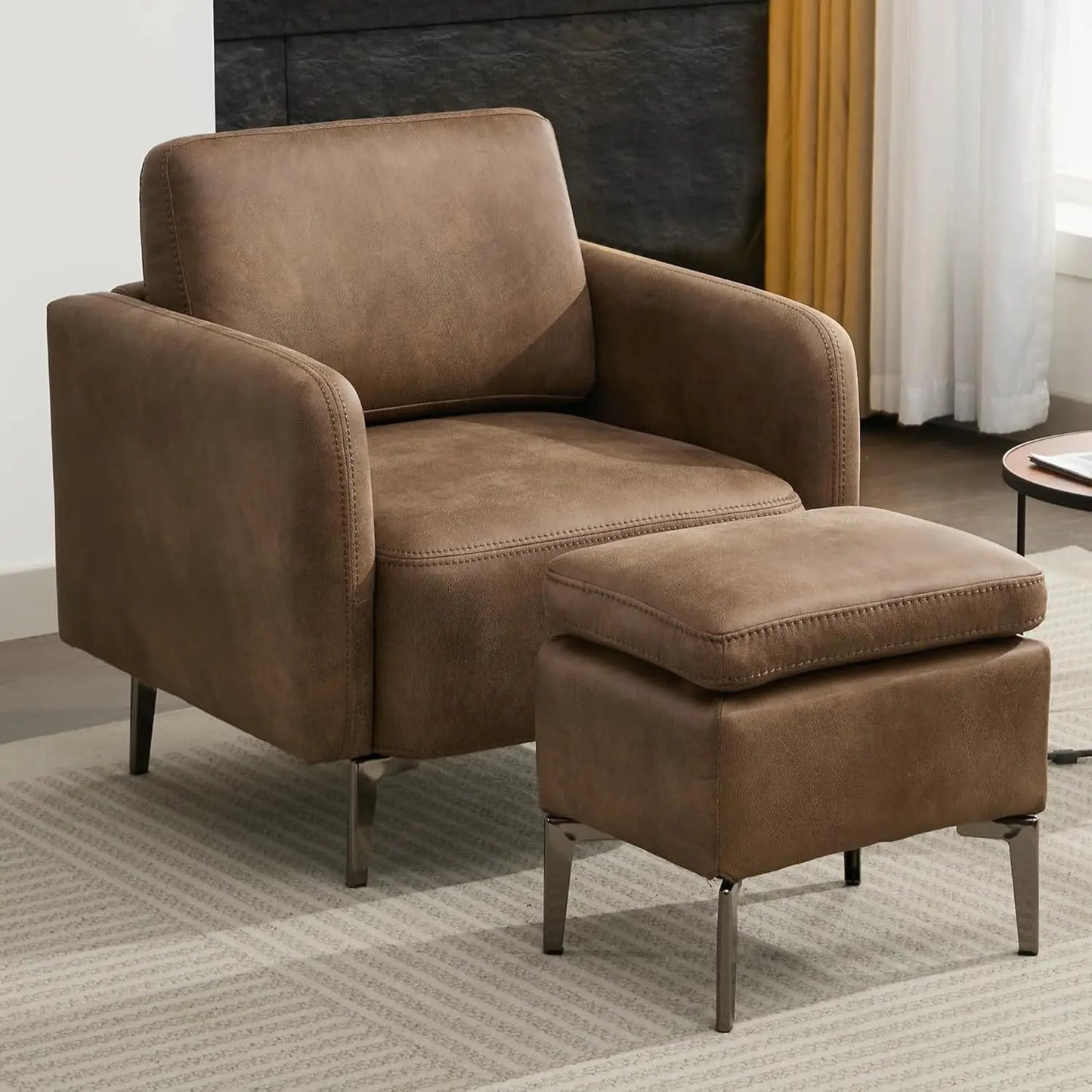 Accent Chair with Ottoman Mid Century Modern Upholstered Leather Armchair