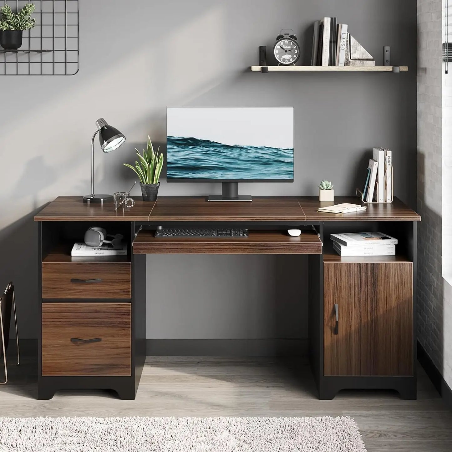 Ljustra 59 Inch Executive Desk with 2 Drawers Industrial Wood Design