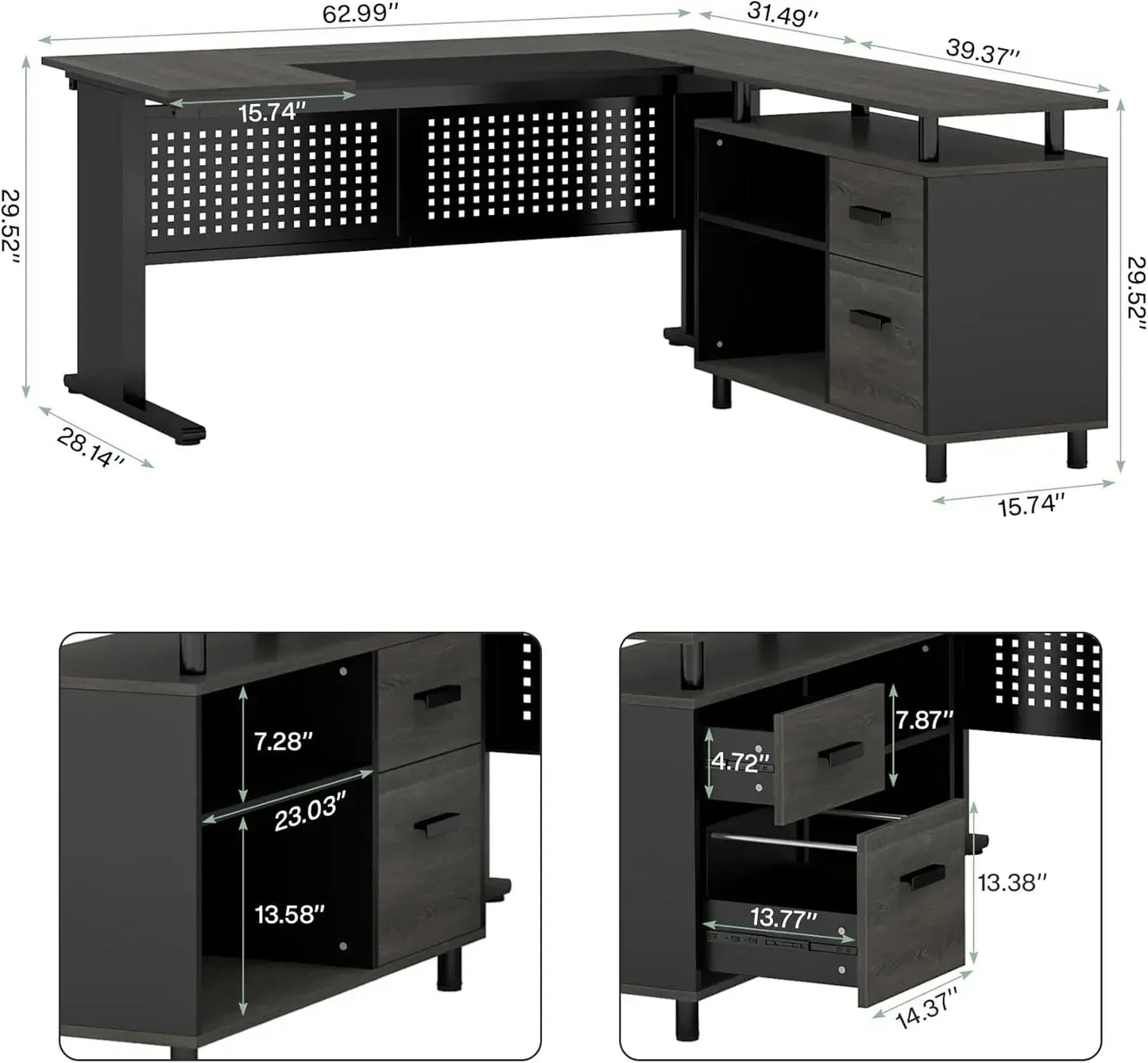 L Shaped Executive Desk with File Cabinet and Storage for Home Office
