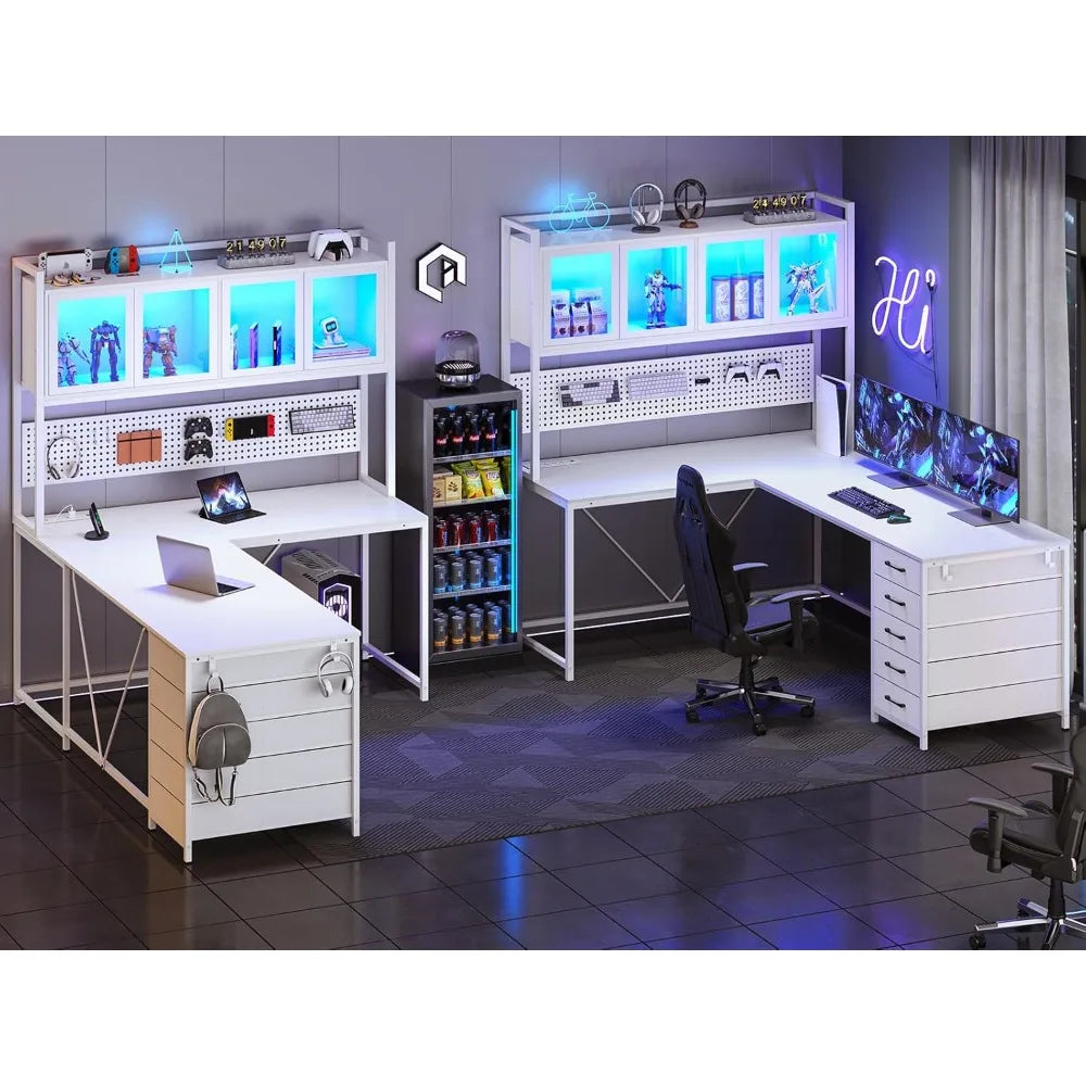 L Shaped Computer Desk with Hutch Storage Shelves LED Lights Power Outlet