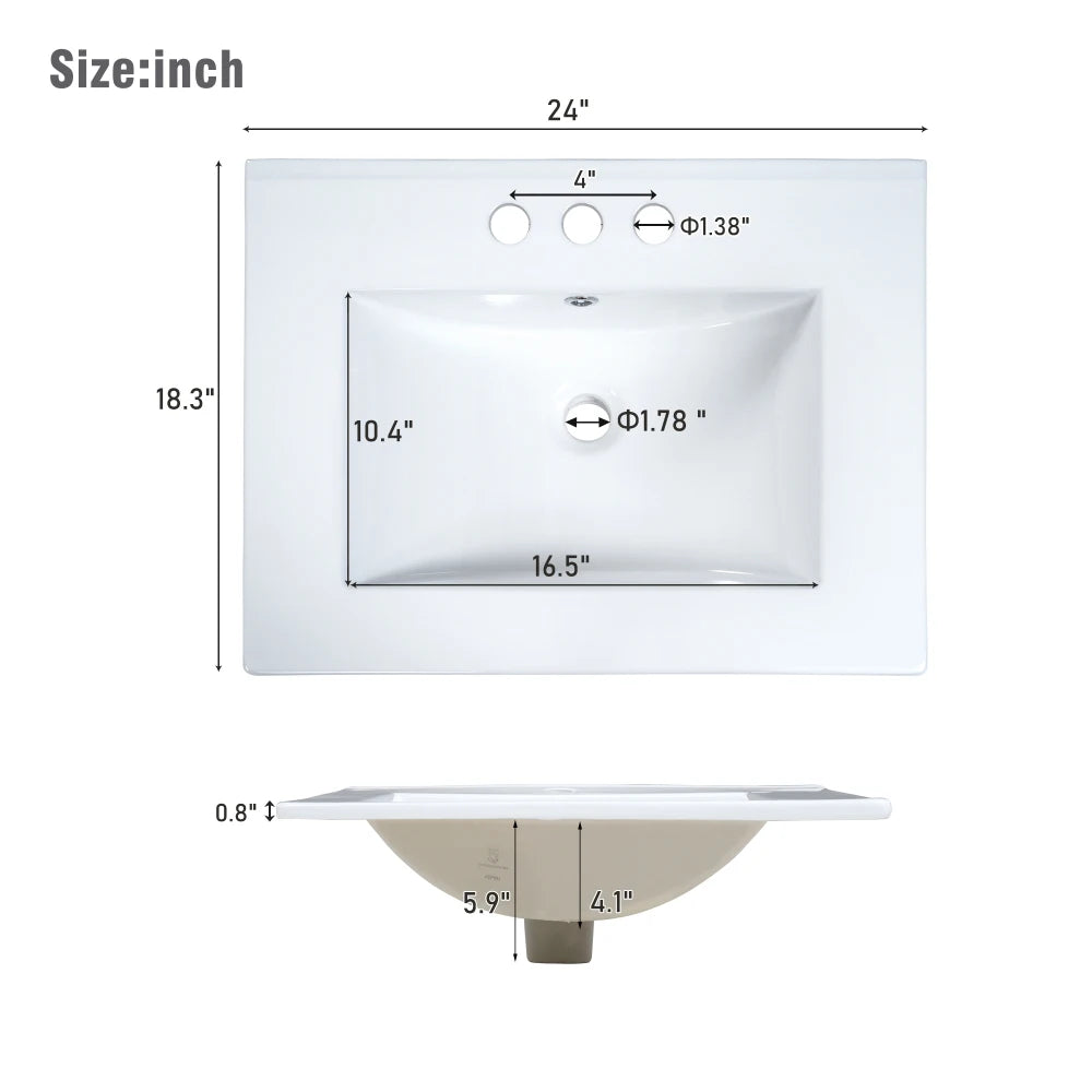 24 Inch Bathroom Vanity Cabinet Ceramic Sink 2 Drawers Storage