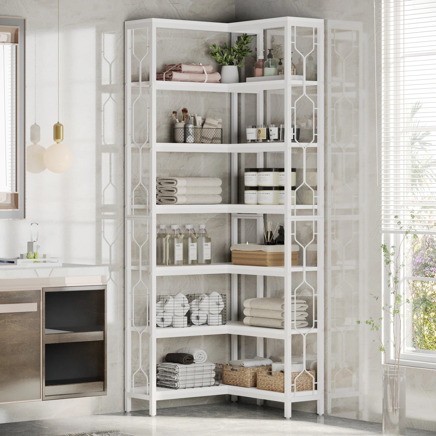 Ljustra 7-Shelf Corner Bookshelf Modern Corner Bookcase Storage Rack