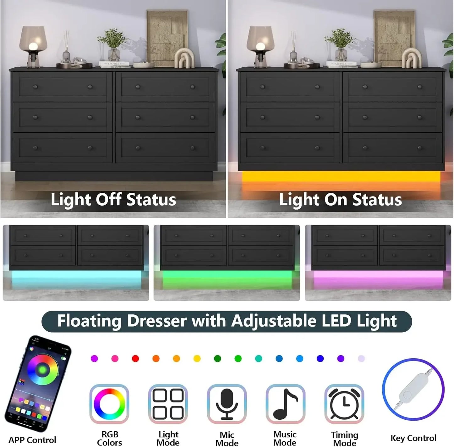 Limited Time Offer 6 Drawer Dresser Modern Chest with Power Outlet LED Light