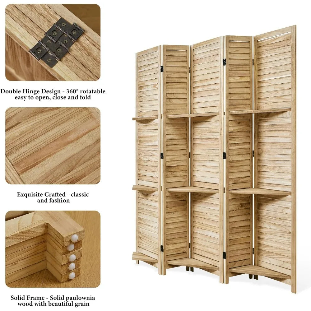 Ljustra Folding Wood Privacy Screen Room Divider with Shelves for Home Office