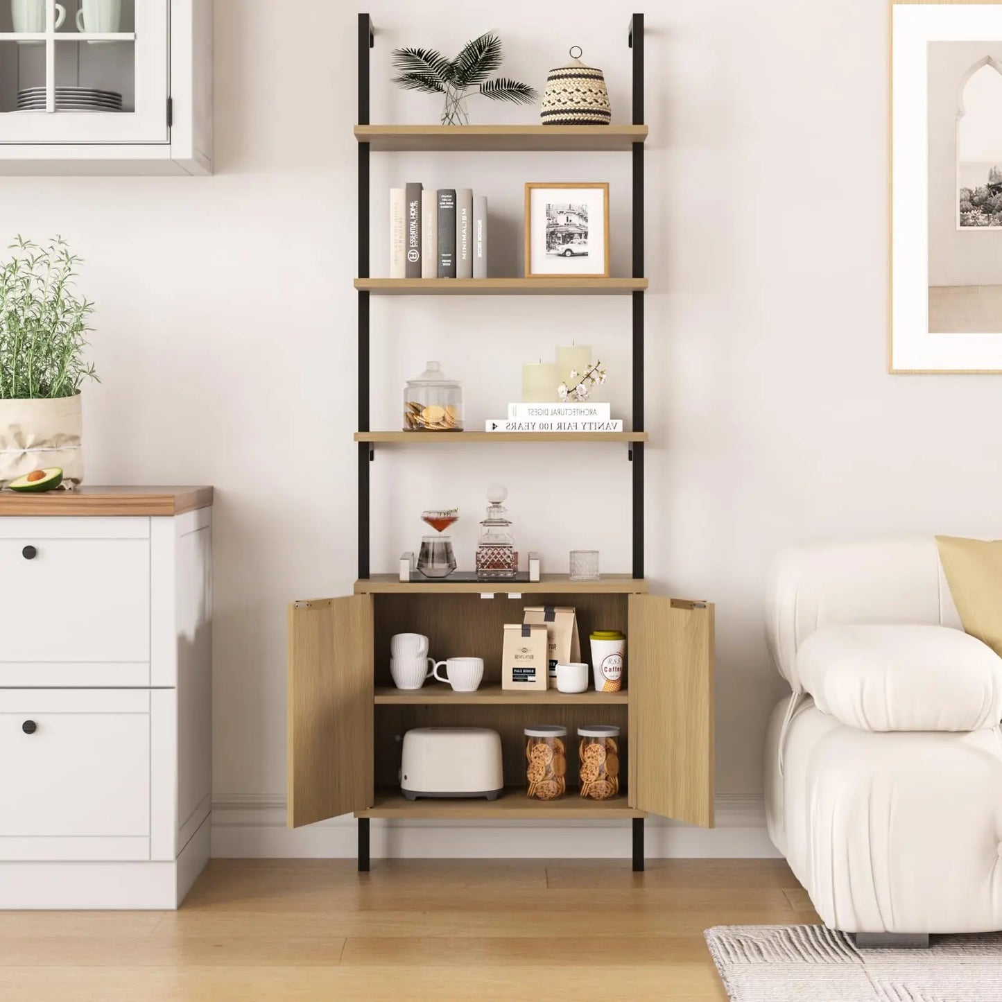 Ladder Bookshelf Storage Cabinet 71'' Tall Wall Mount Bookcase Metal Frame