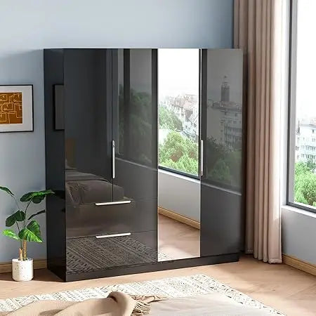 Modern 63" Wardrobe Closet with Mirror 4 Doors Armoire Cabinet Storage