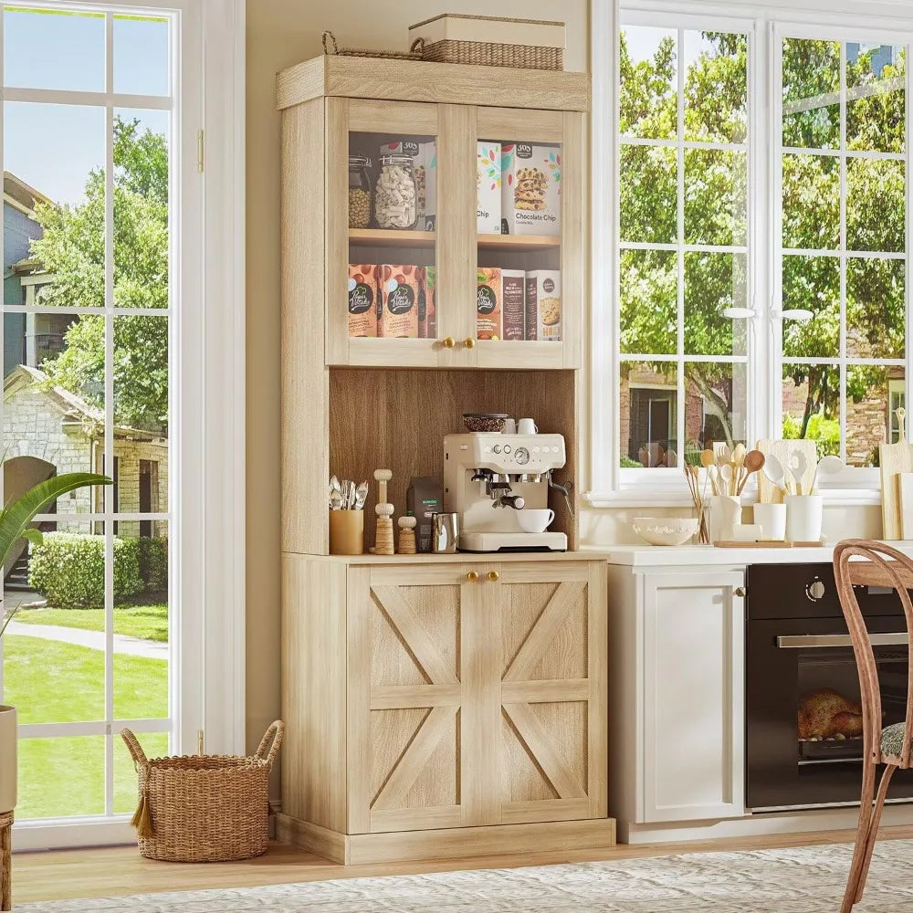71 Inch Farmhouse Kitchen Pantry Cabinet Storage Coffee Bar Microwave Stand