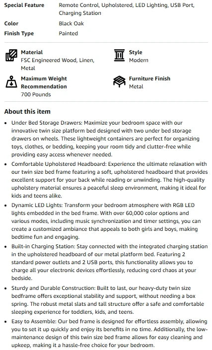 Ljustra Full Bed Frame with Charging Station LED Lights and Storage