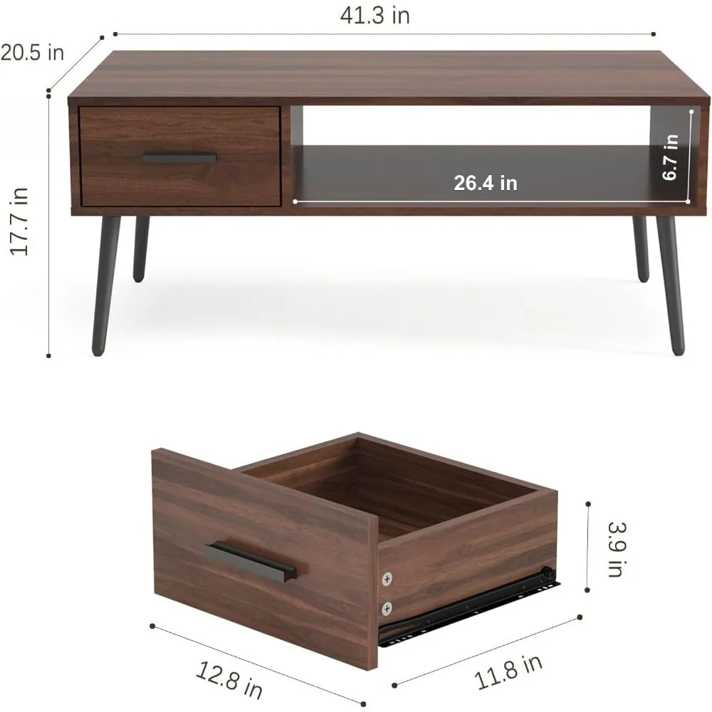 Mid Century Modern Coffee Table with Storage for Living Room