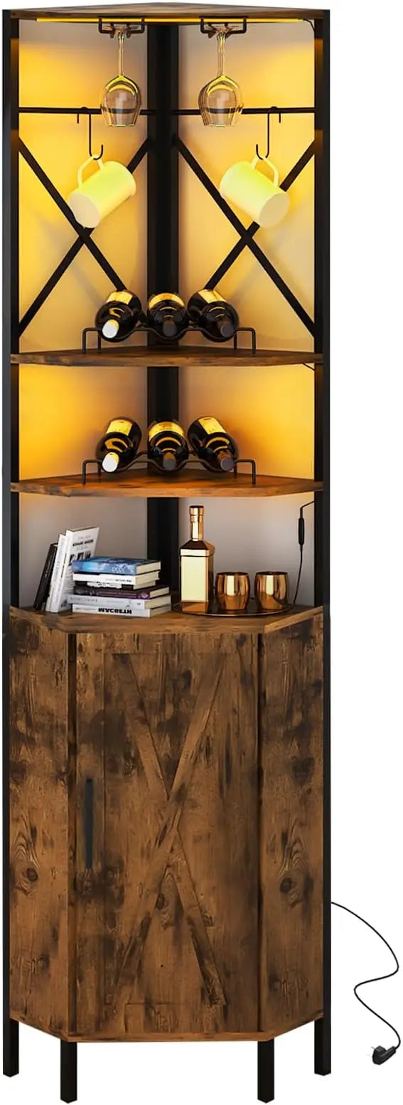 6-Tier Corner Wine Rack with Charging Station LED Lighting Industrial