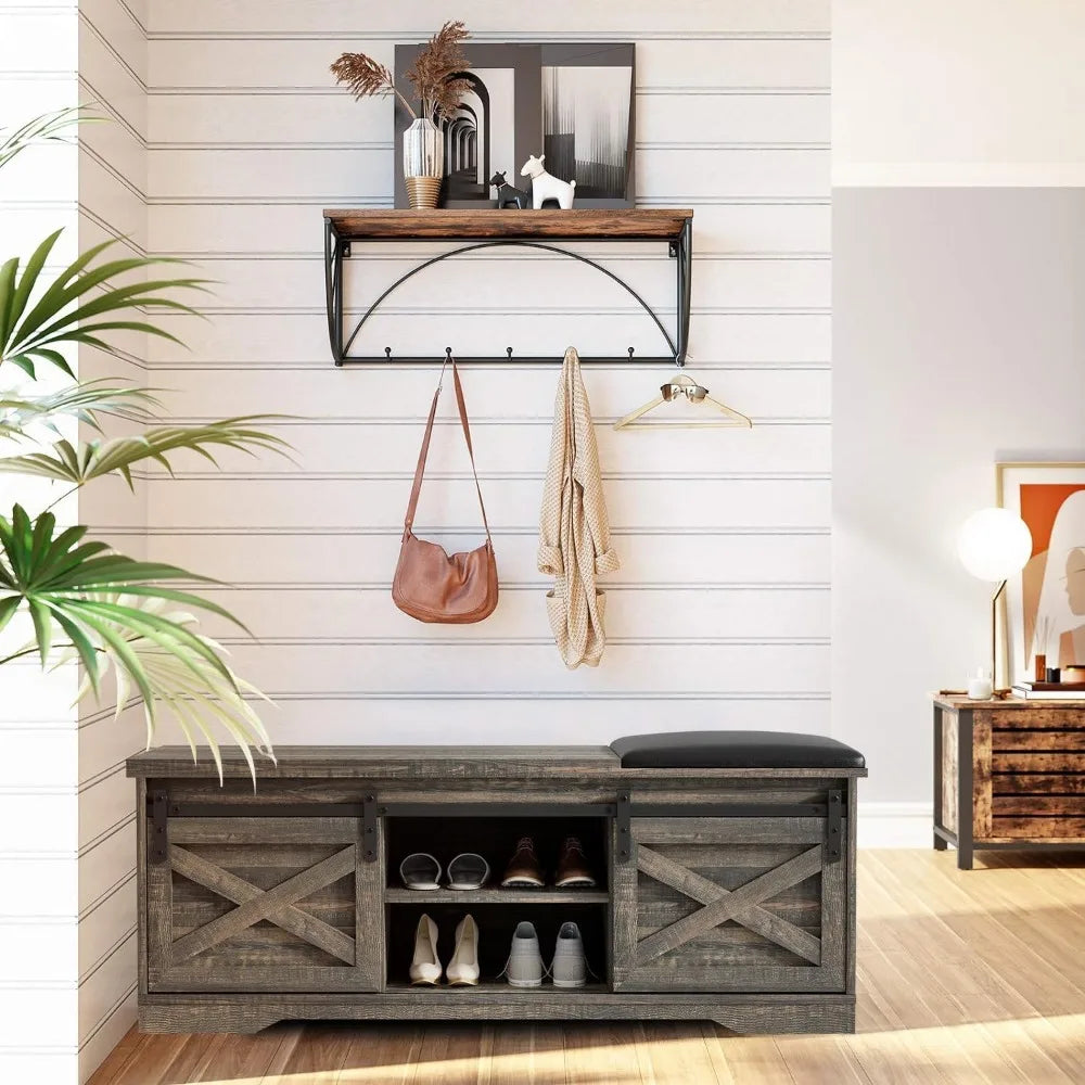 Modern Shoe Bench Storage Cabinet with Sliding Barn Door for Entryway