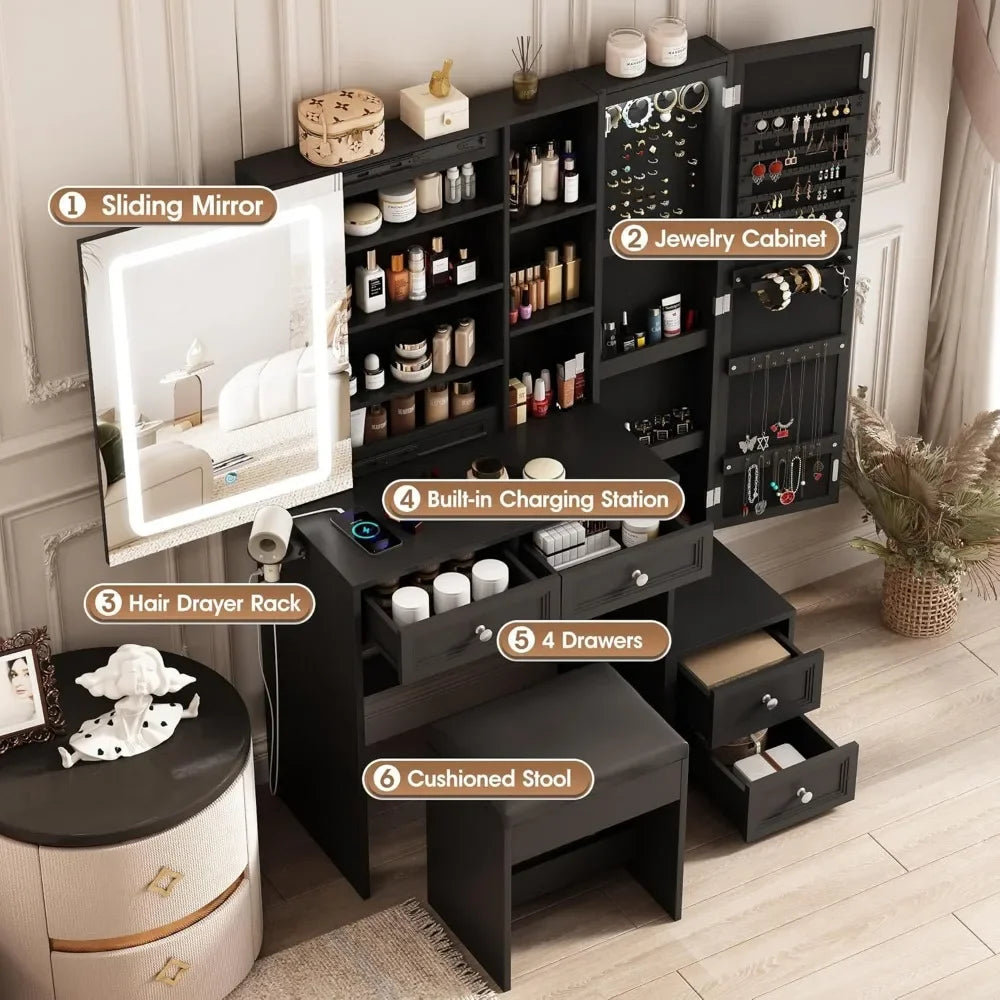 Makeup Vanity Desk with LED Light Sliding Mirror Jewelry Cabinet Storage