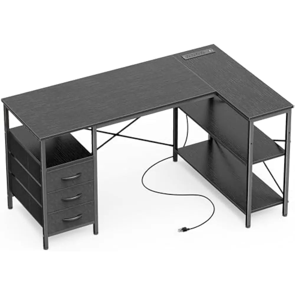 L Shaped Office Desk with Power Outlets and 3 Drawers for Home Office