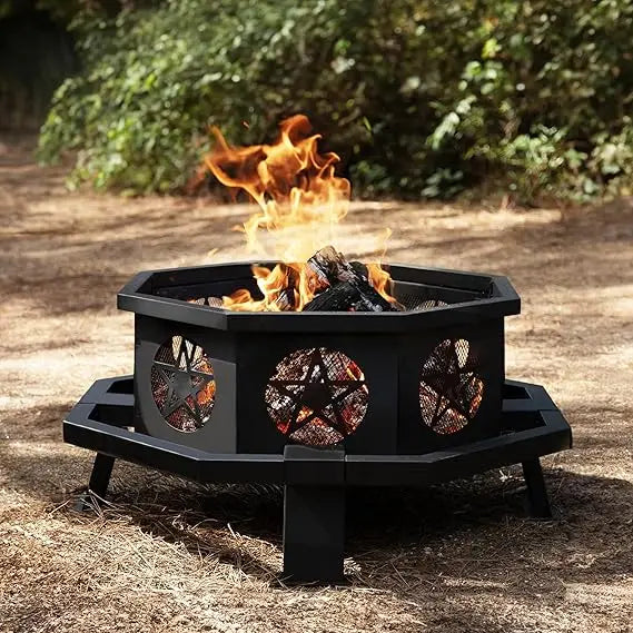 Ljustra 35 Inch Octagonal Fire Pit with Grill Outdoor Wood Burning