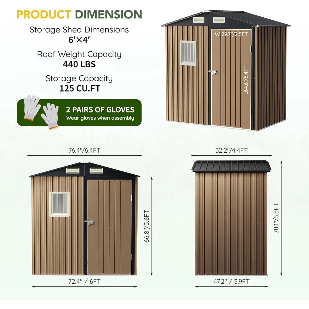 6x4FT Outdoor Steel Storage Shed Lockable Doors Garden Tool Storage
