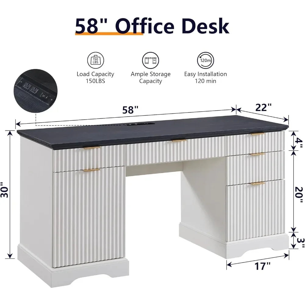 58 Inch Modern Executive Desk with Storage 5 Drawers Home Office