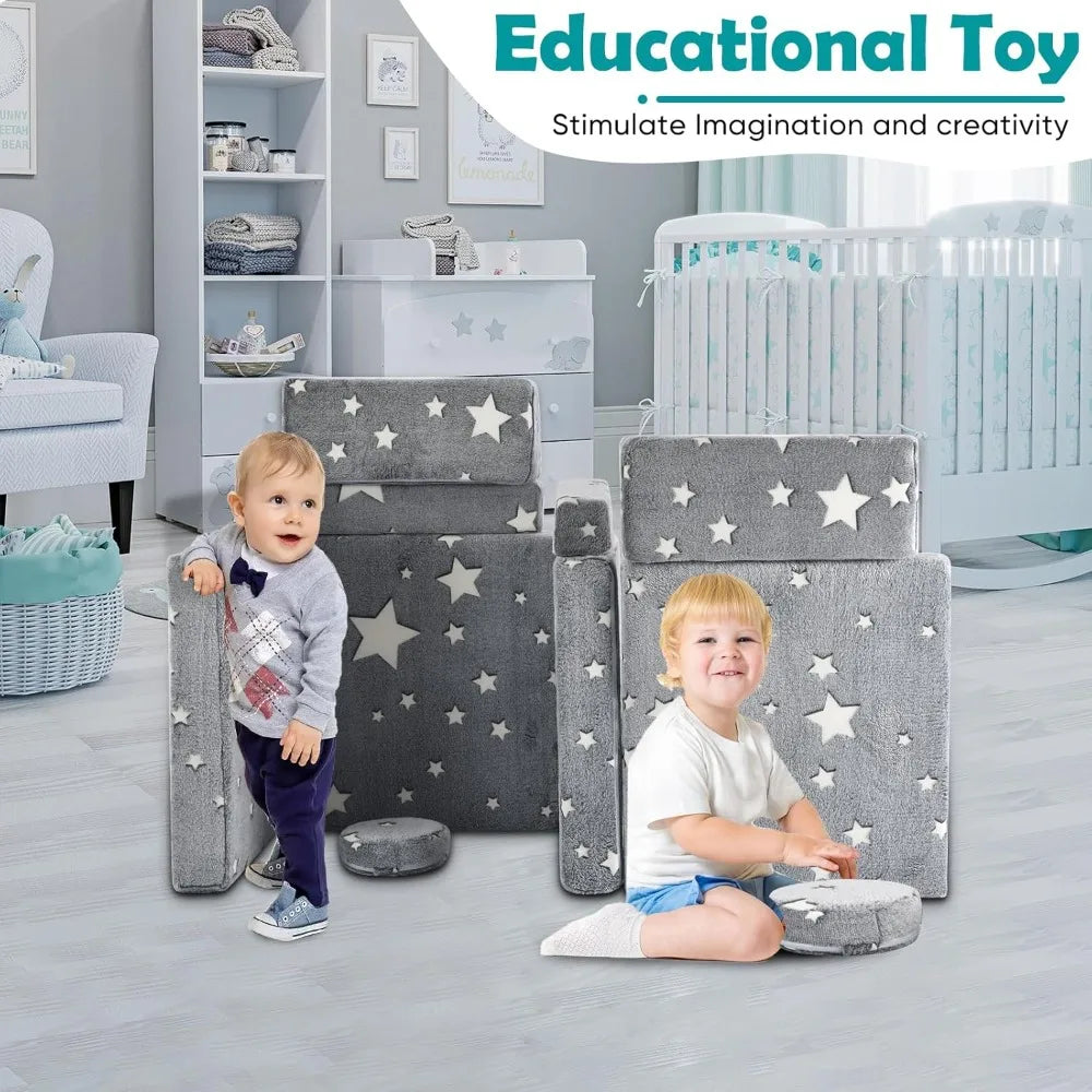 Modular Kids Play Couch 10PC Sofa Set Glow in Dark Foam Fort w/ Washable Cover