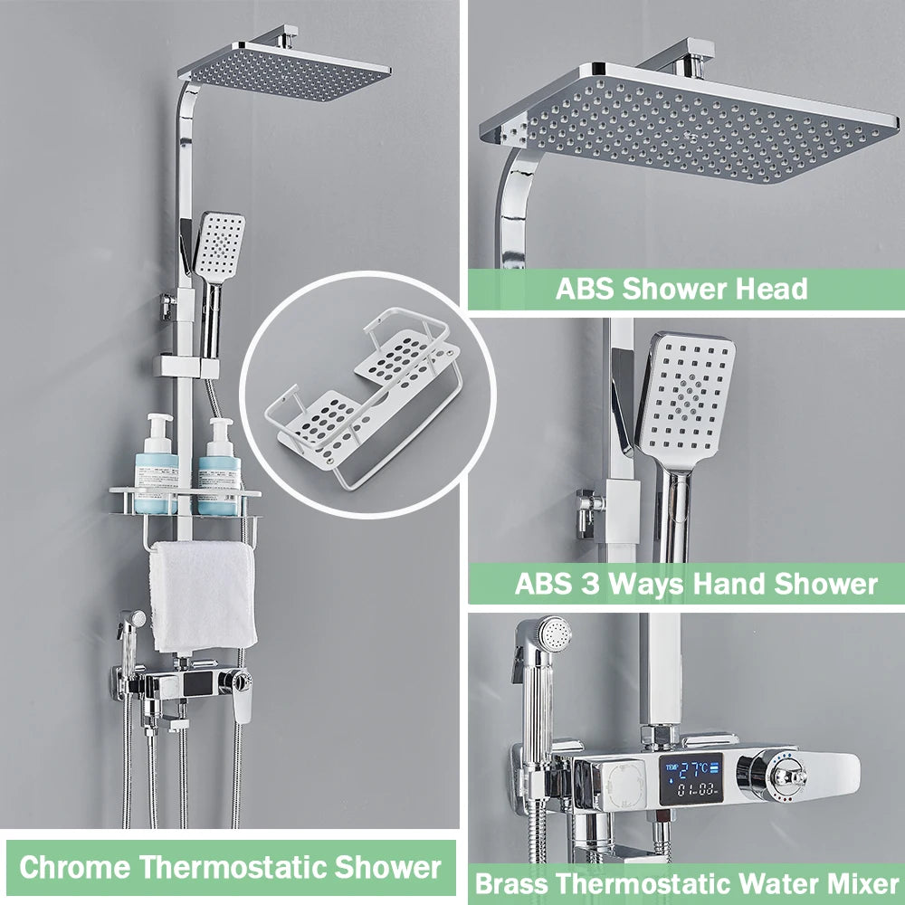 Black Digital Display Thermostatic Shower Faucet Rainfall Mixer Tap