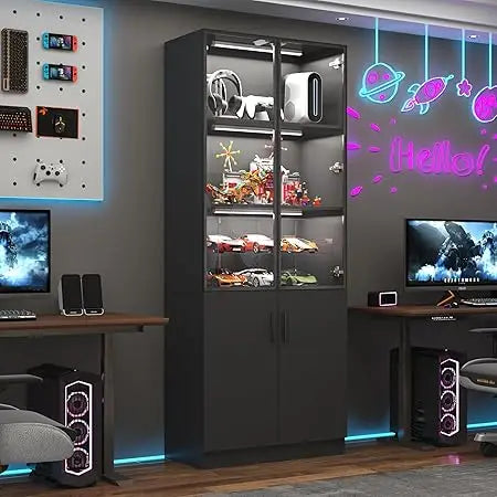 79 Inch Tall Display Cabinet with LED Lights and Pop-up Glass Doors