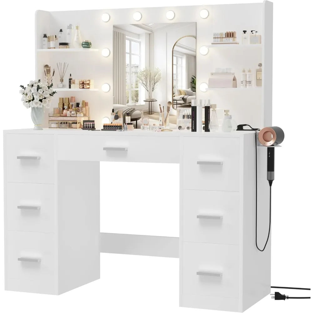 Ljustra LED Vanity Desk with Mirror 7 Drawers Makeup Table Power Outlet