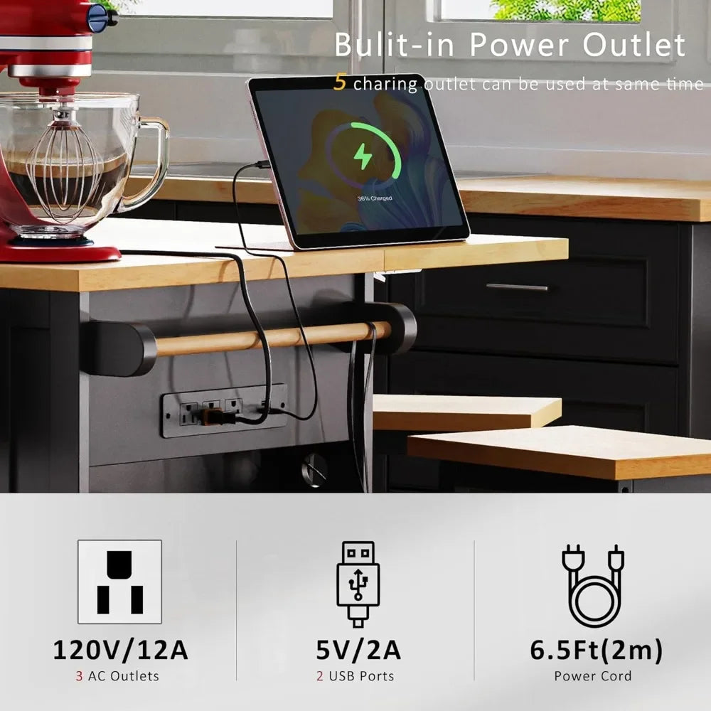 Kitchen Storage Island on Wheels with Drop Leaf Power Outlet Rolling Cart