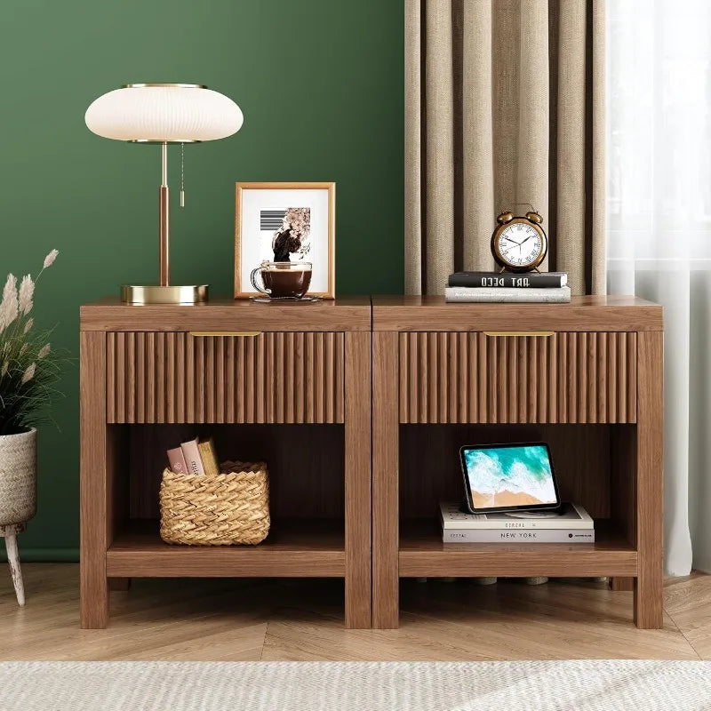 Nightstand Set of 2 Modern Bedside Table with Storage Fluted Cabinet